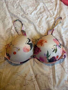 Floral Print Padded Bra - Cream & Pink